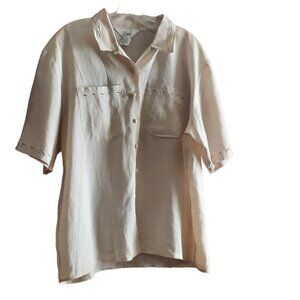 Linen Short Sleeve Blouse Embroidered Cut Work Covered Buttons Union Made VTG